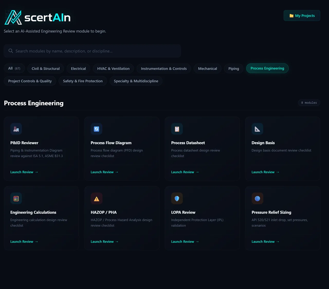 AscertAIn platform, structured design review with severity-graded findings